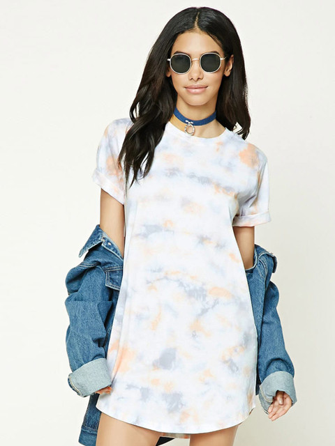

FOREVER 21 Women White & Orange Printed T-shirt Dress
