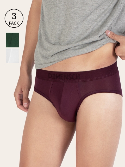 

DAMENSCH Men Pack of 3 Burgundy & Green Solid Deo Soft Basic BriefsDAM-ER-MIX-B-PP-JG-FW