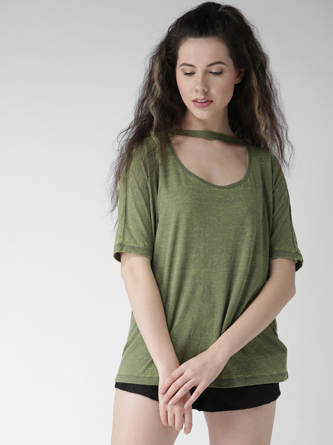 

FOREVER 21 Women Olive Green Solid Boxy Top