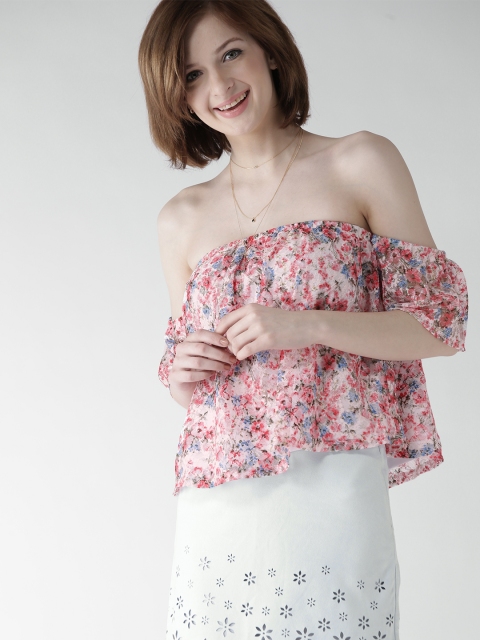

FOREVER 21 Women Pink Printed Lace Bardot Top