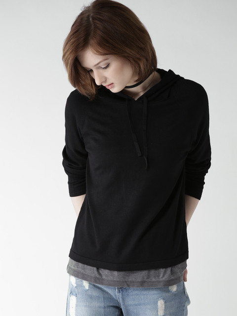 

FOREVER 21 Women Black Solid Hooded Top