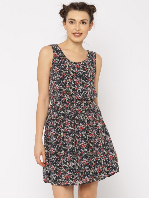 

ONLY Women Charcoal Grey & Red Printed Fit and Flare Dress
