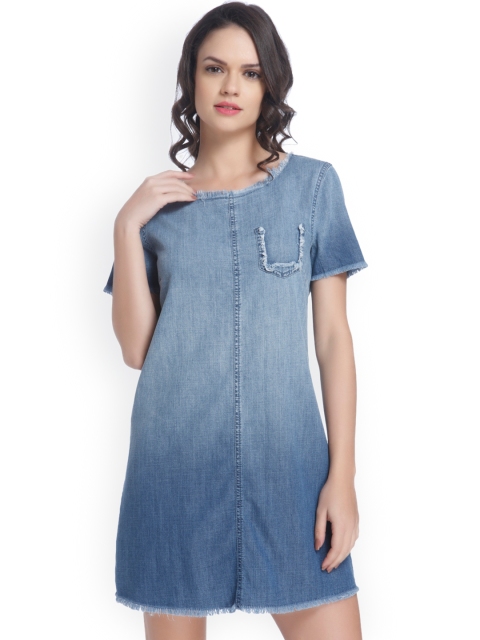 

ONLY Women Blue Solid Denim A-Line Dress with Raw Edges