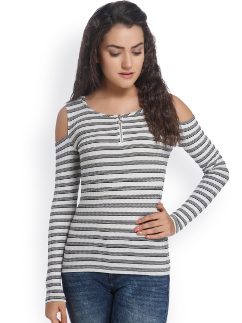 

ONLY Women White & Black Striped Cold Shoulder Top