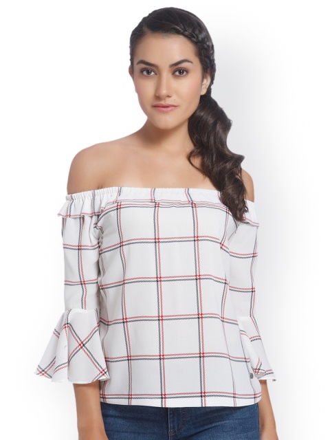 

ONLY Women Off-White Checked Bardot Top