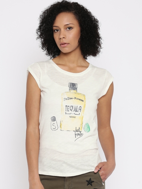 

ONLY Women Off-White Printed Round Neck T-shirt