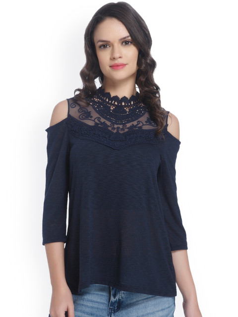 

ONLY Women Navy Self-Design Top, Navy blue