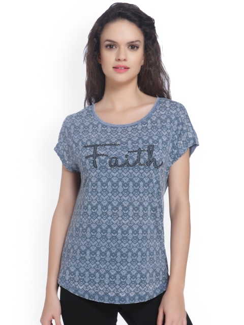 

ONLY Women Blue Printed Round Neck T-shirt