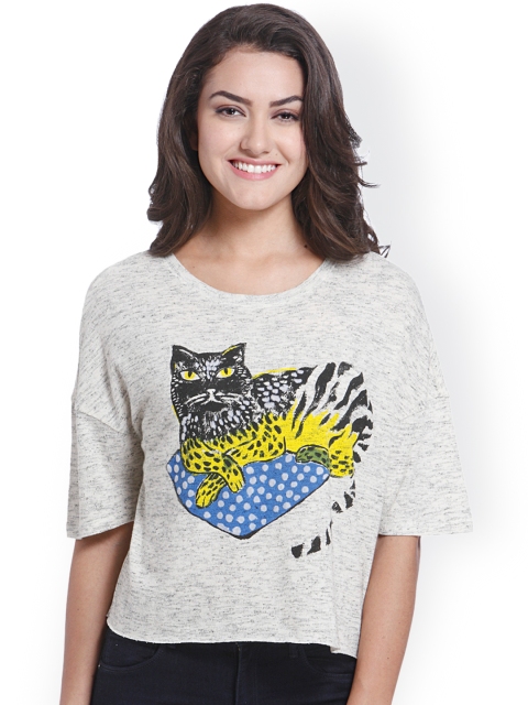 

ONLY Women Grey Melange Printed Round Neck T-Shirt