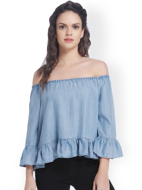 

ONLY Women Blue Solid Denim Bardot Top
