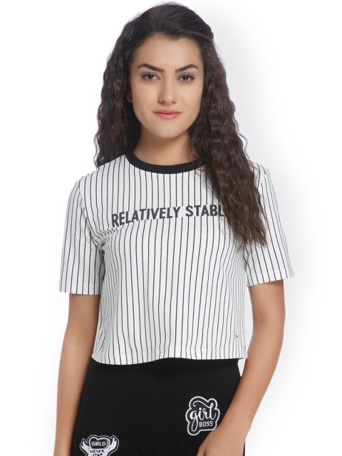 

ONLY Women White & Black Striped Round Neck T-Shirt