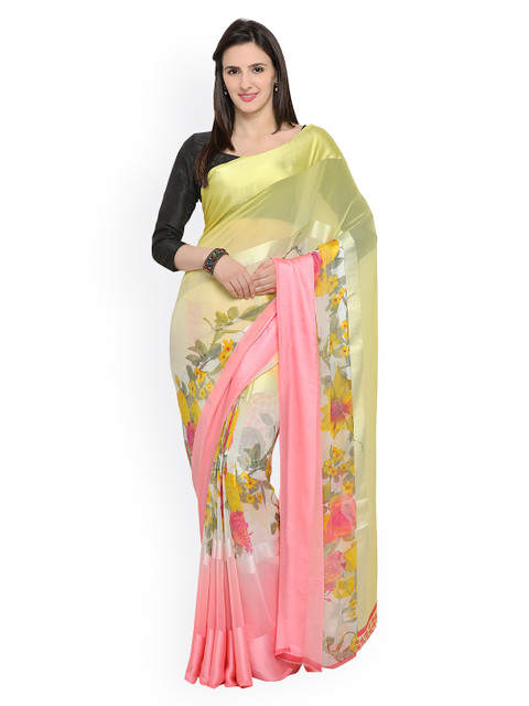 

Lehja Yellow & Pink Georgette Satin Floral Print Saree
