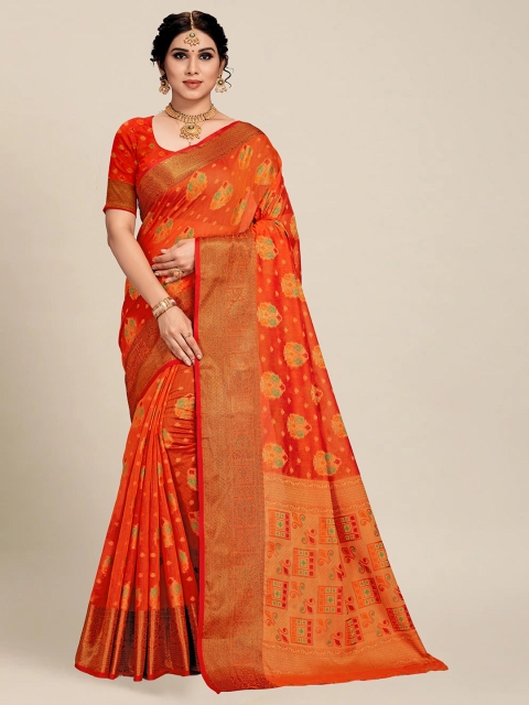 

MS RETAIL Orange & Green Woven Design Zari Pure Cotton Chanderi Saree