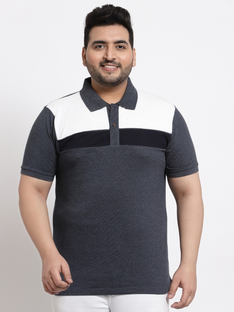 

Kalt Men Plus Size Blue & White Colourblocked Polo Collar T-shirt