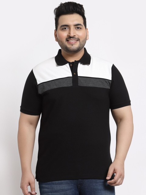 

Kalt Plus Size Men Black & White Colourblocked Polo Collar T-shirt