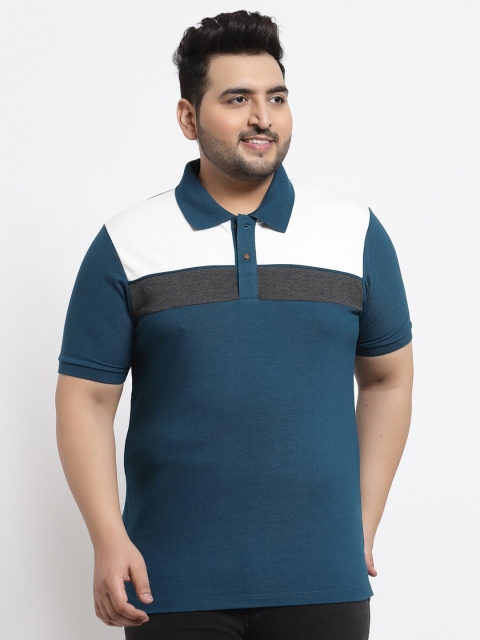 

Kalt Men Plus Size Teal Blue & White Colourblocked Polo Collar T-shirt