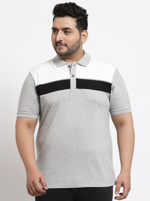 

Kalt Men Grey Melange & White Colourblocked Cotton Polo Collar T-shirt