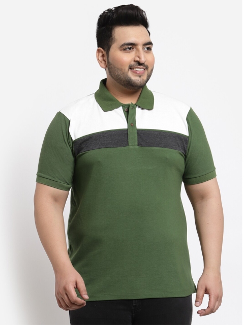 

Kalt Men Plus Size Green & White Colourblocked Polo Collar T-shirt