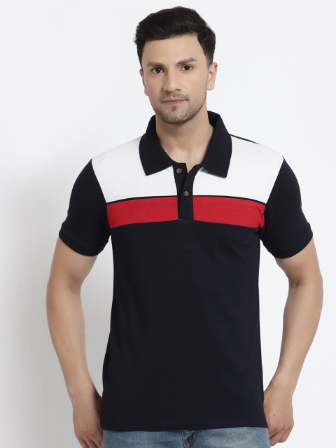 

Kalt Men Navy Blue & White Colourblocked Polo Collar T-shirt