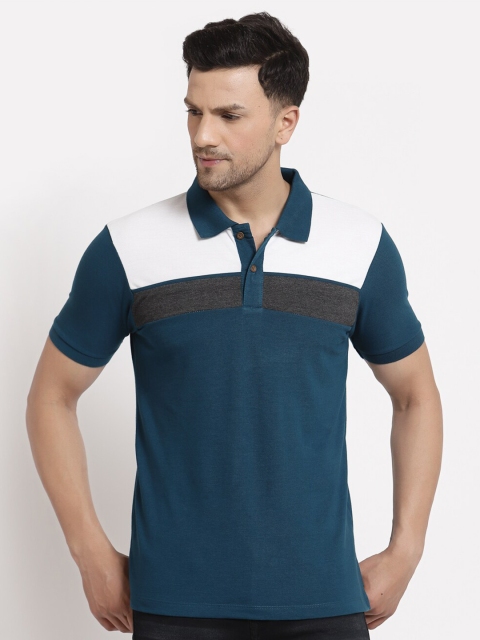 

Kalt Men Teal & White Colourblocked Polo Collar T-shirt