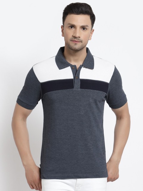

Kalt Men Blue & White Colourblocked Polo Collar T-shirt