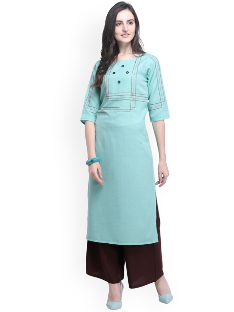 

SAPTRANGI Women Green Pleated Thread Work Kurti with Palazzos