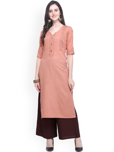 

SAPTRANGI Women Brown Thread Work Kurti with Palazzos