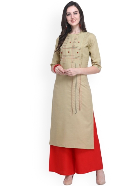 

SAPTRANGI Women Green High Slit Thread Work Kurti with Palazzos