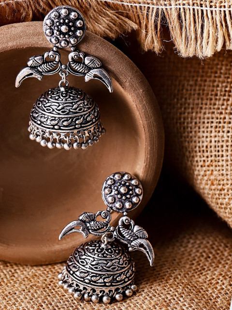 

FIROZA Silver-Toned Contemporary Jhumkas Earrings
