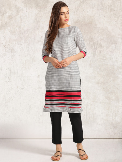 

Anouk Women Off-White & Black Checked Straight Kurta