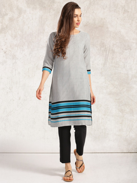 

Anouk Women Off-White & Black Checked Straight Kurta