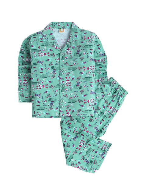 

Hopscotch Boys Turquoise Blue & Black Printed Cotton Night suit