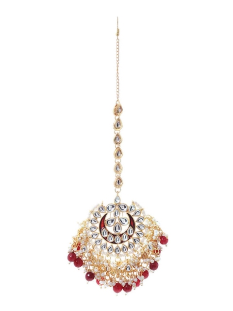 

Bamboo Tree Jewels Gold-Plated Gold Kundan Studded & Pearl Beaded Maang Tikka