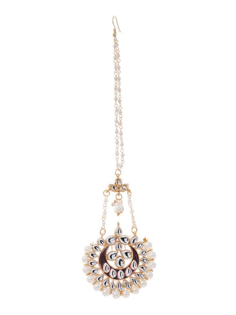 

Bamboo Tree Jewels Gold-Plated White Kundan Studded & Beaded Handcrafted Maang Tikka