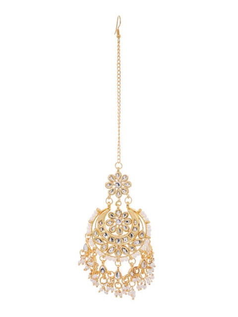 

Bamboo Tree Jewels Gold-Plated White Kundan-Studded & Pearl-Beaded Maang Tikka