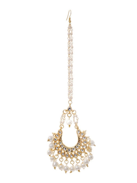 

Bamboo Tree Jewels Gold-Plated White Kundan-Studded & Pearl-Beaded Maang Tikka