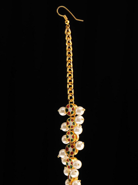 

Bamboo Tree Jewels Gold-Plated White Kundan-Studded & Pearl Beaded Maang Tikka