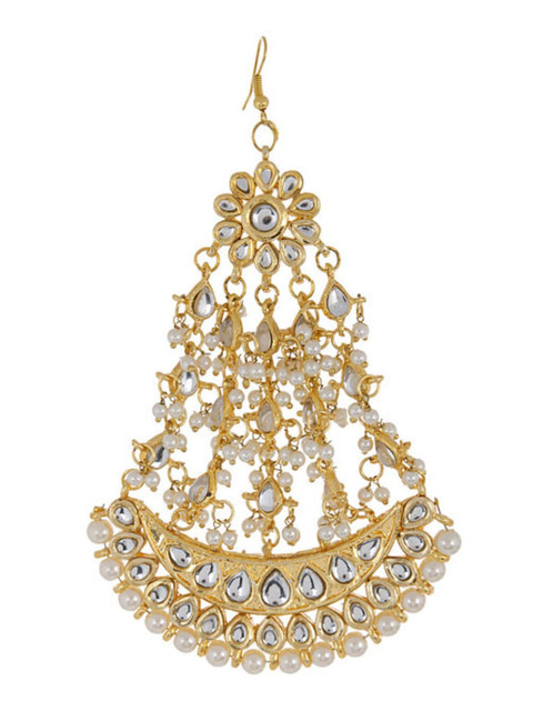

Bamboo Tree Jewels Gold-Plated White Kundan-Studded & Pearl Beaded Jhumar Passa