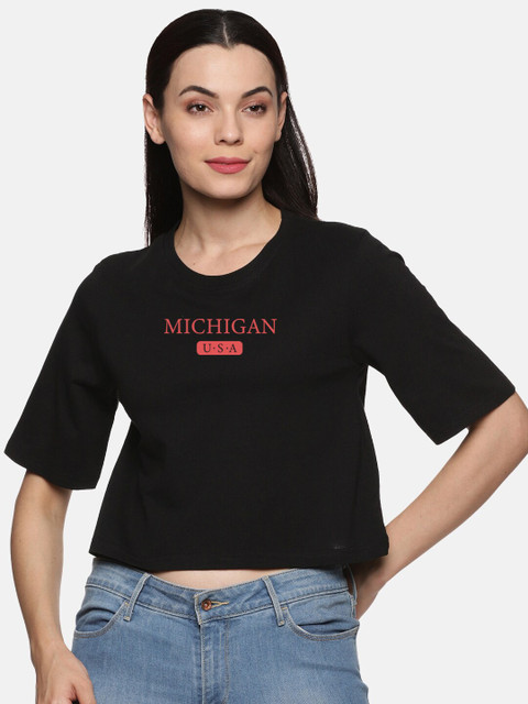 

BEVERLY BLUES Women Black Typography Printed Cotton T-shirt