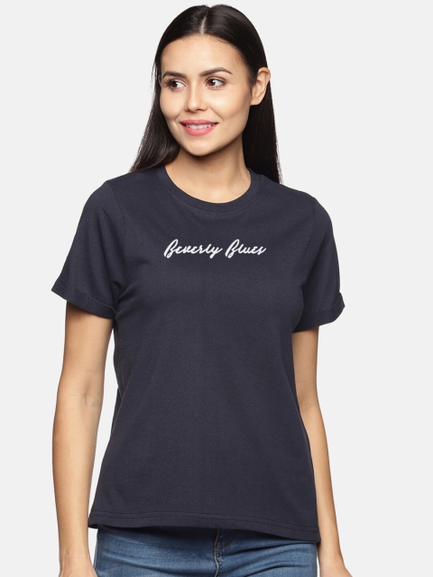 

BEVERLY BLUES Women Navy Blue Typography Cotton T-shirt