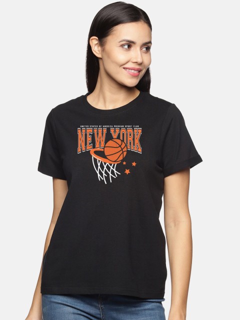 

BEVERLY BLUES Women Black & Multicoloured Typography Printed T-shirt