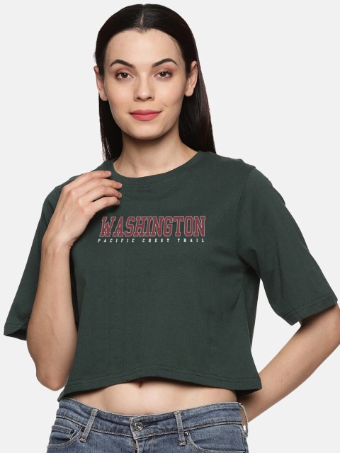 

BEVERLY BLUES Women Green Typography Printed Cotton T-shirt