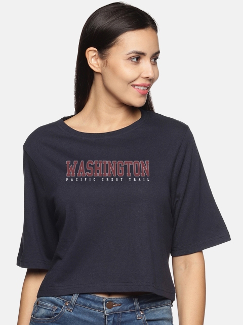 

BEVERLY BLUES Women Navy Blue Typography Printed Drop-Shoulder Sleeves T-shirt