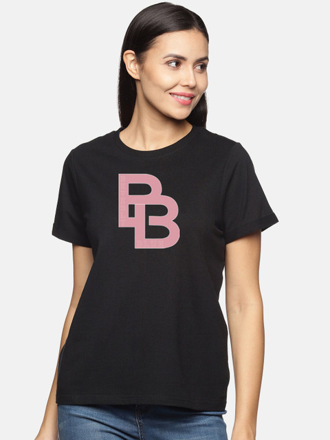 

BEVERLY BLUES Women Black Typography Drop-Shoulder Sleeves Applique T-shirt
