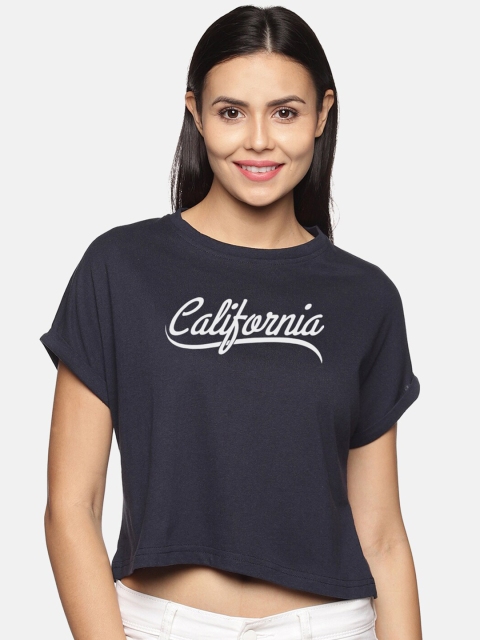 

BEVERLY BLUES Women Navy Blue Typography Printed Applique T-shirt