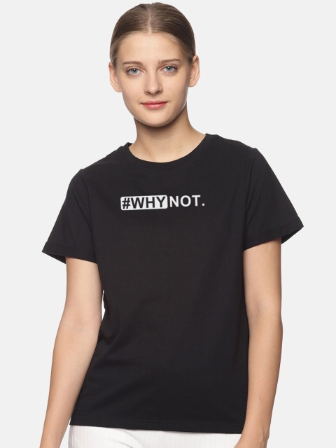 

BEVERLY BLUES Women Black & White Typography Printed Round Neck Regular Fit T-shirt