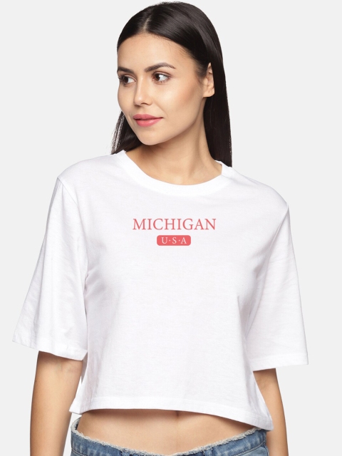 

BEVERLY BLUES Women White Typography Printed Drop-Shoulder Sleeves T-shirt