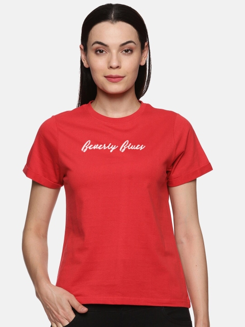 

BEVERLY BLUES Women Red Typography Printed Cotton T-shirt