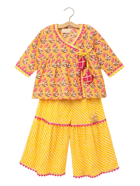 

Hopscotch Girls Yellow Ethnic Motifs Printed Angrakha Kurti with Sharara