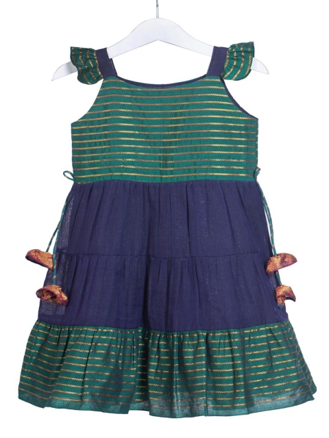 

myRiti Girls Green & Navy Blue Striped Fit & Flare Dress